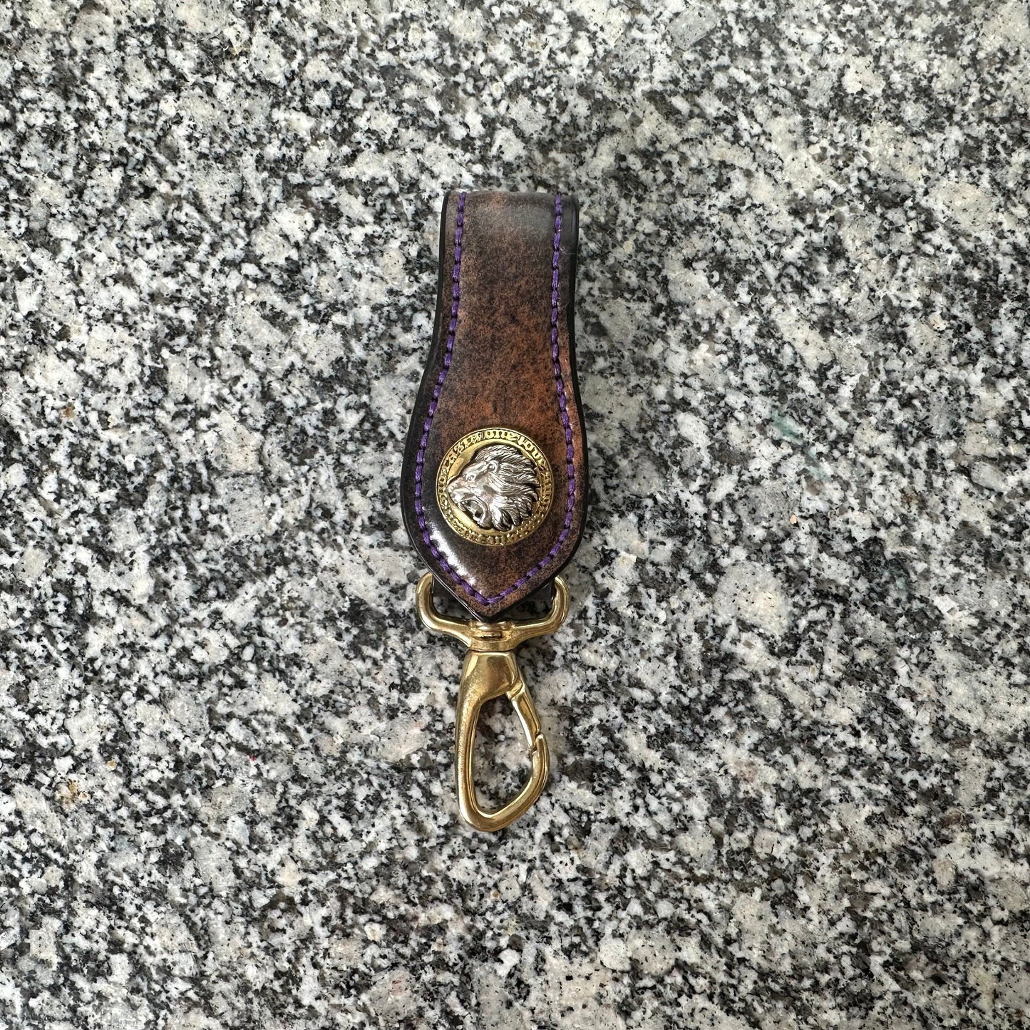 Shell Cordovan Belt Loop Keychain with Silver and Brass Lion Concho